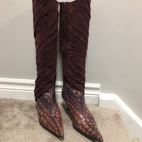 🇨🇦 89 Indo, Heeled Boots, Suede & Faux Alligator, Size 9, Purple - Picture 3 of 6